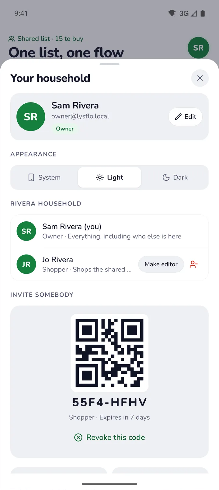 The Your household sheet: Sam Rivera as owner, Jo Rivera as a shopper, and a QR code with the join code 55F4-HFHV, which expires in 7 days.