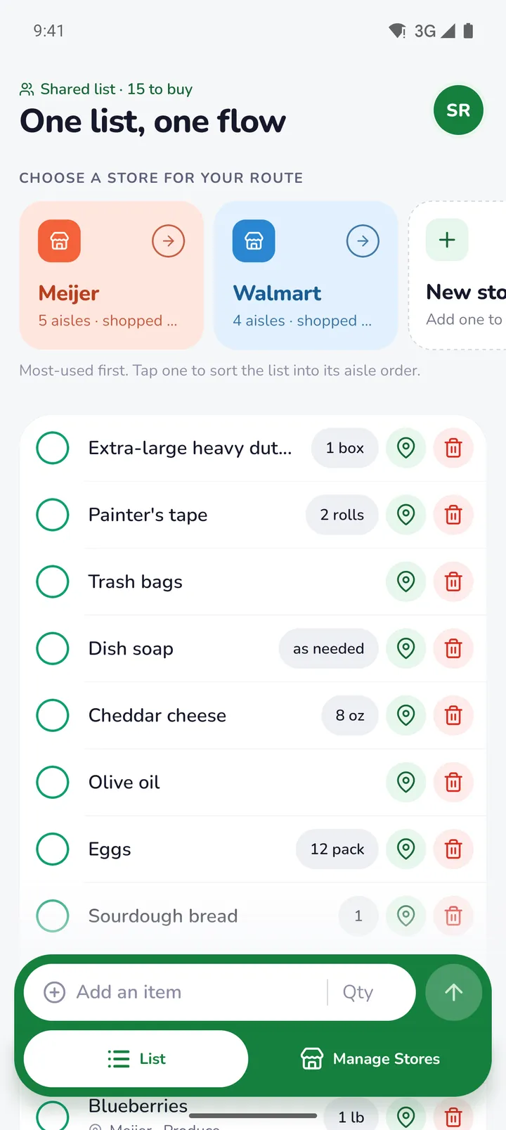 The Lysflo list: store cards for Meijer and Walmart at the top, then items with amounts, a pin button and a delete button on each row, and the green add bar at the bottom.