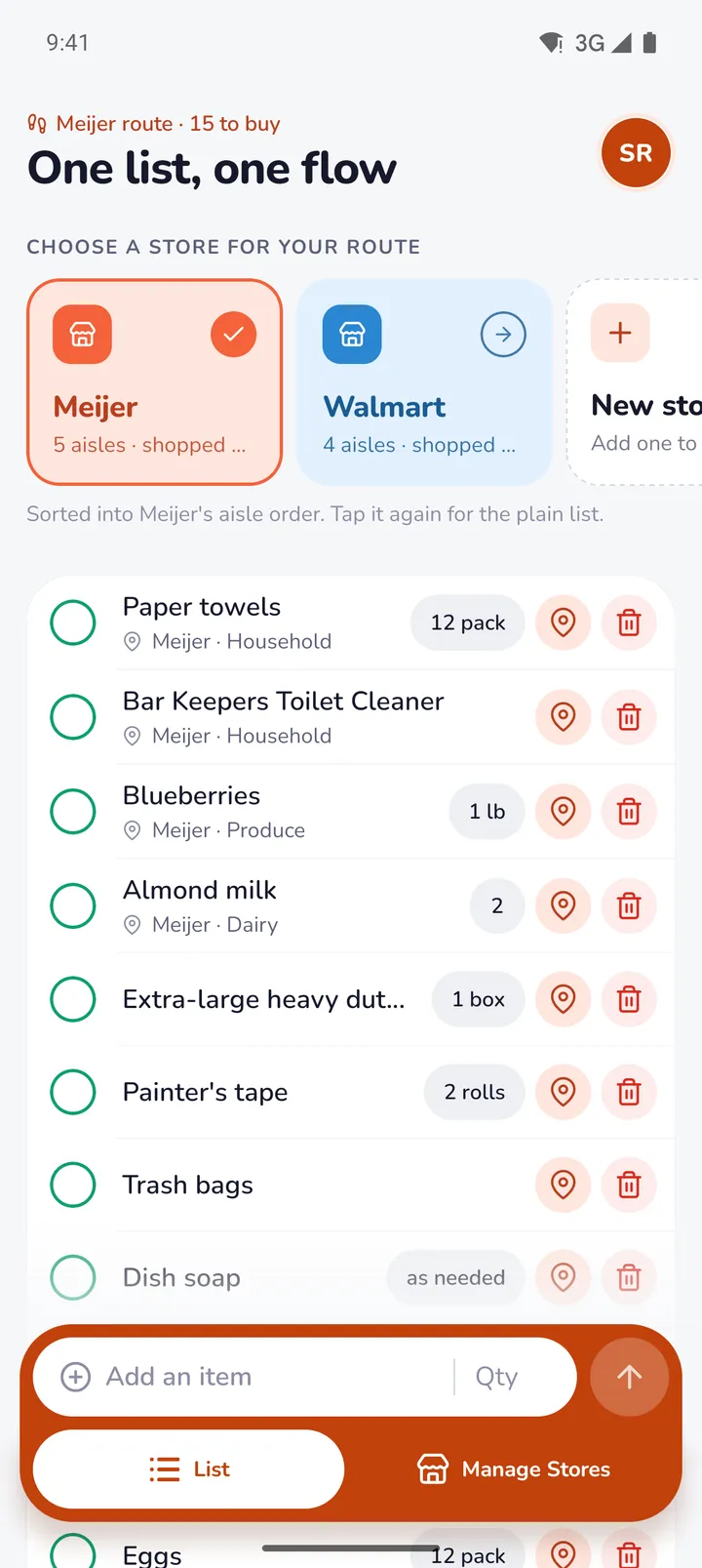 The list in Meijer route mode: Paper towels and toilet cleaner in Household first, then blueberries in Produce, then almond milk in Dairy.