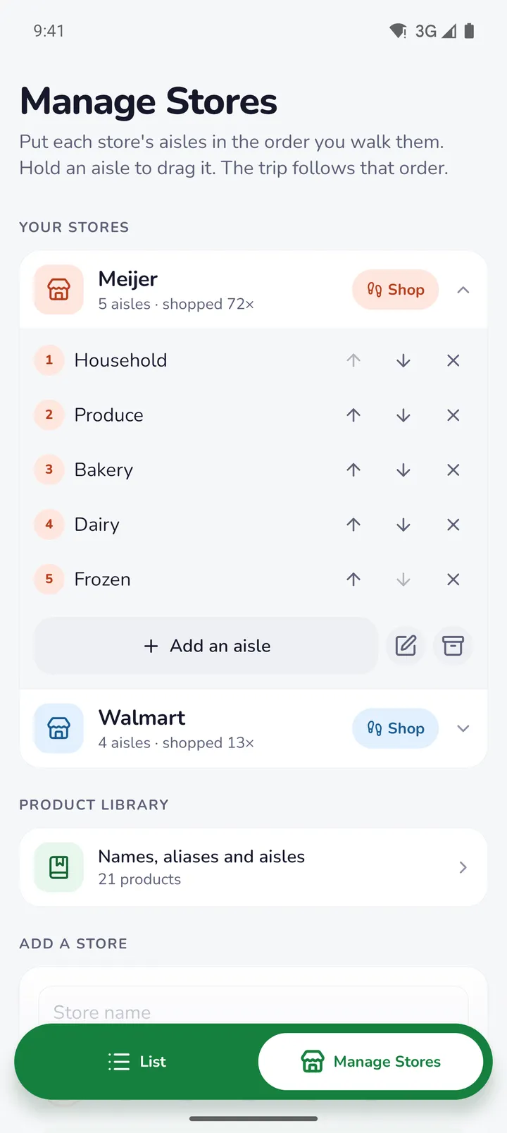 Manage Stores: Meijer expanded to show its five aisles in order, Household, Produce, Bakery, Dairy and Frozen, with arrows to move each one.